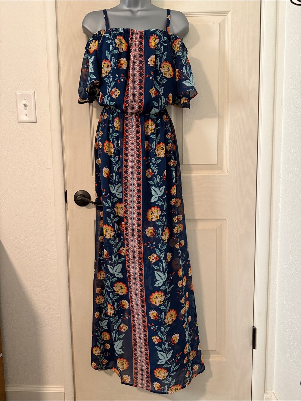 As U Wish Navy Floral Off-Shoulder Maxi with Yellow Blooms